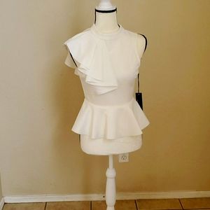 White, ruffle shoulder, peplum top